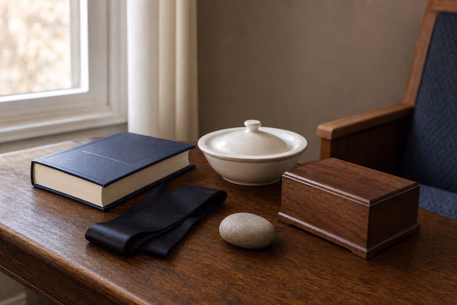 A quiet wooden table with a closed prayer book, folded black ribbon, smooth stone, covered dish, and small keepsake box.