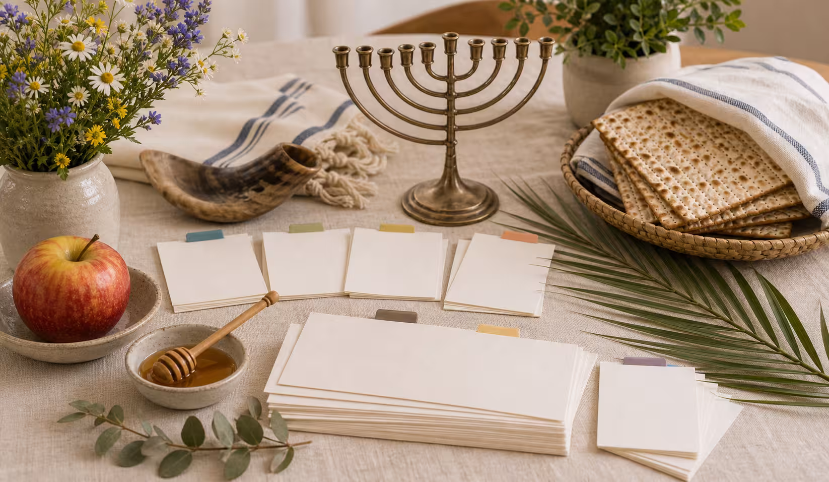 A holiday lookup reference table with apple, honey spoon, palm frond, unlit menorah, matzah, wildflowers, and blank index cards