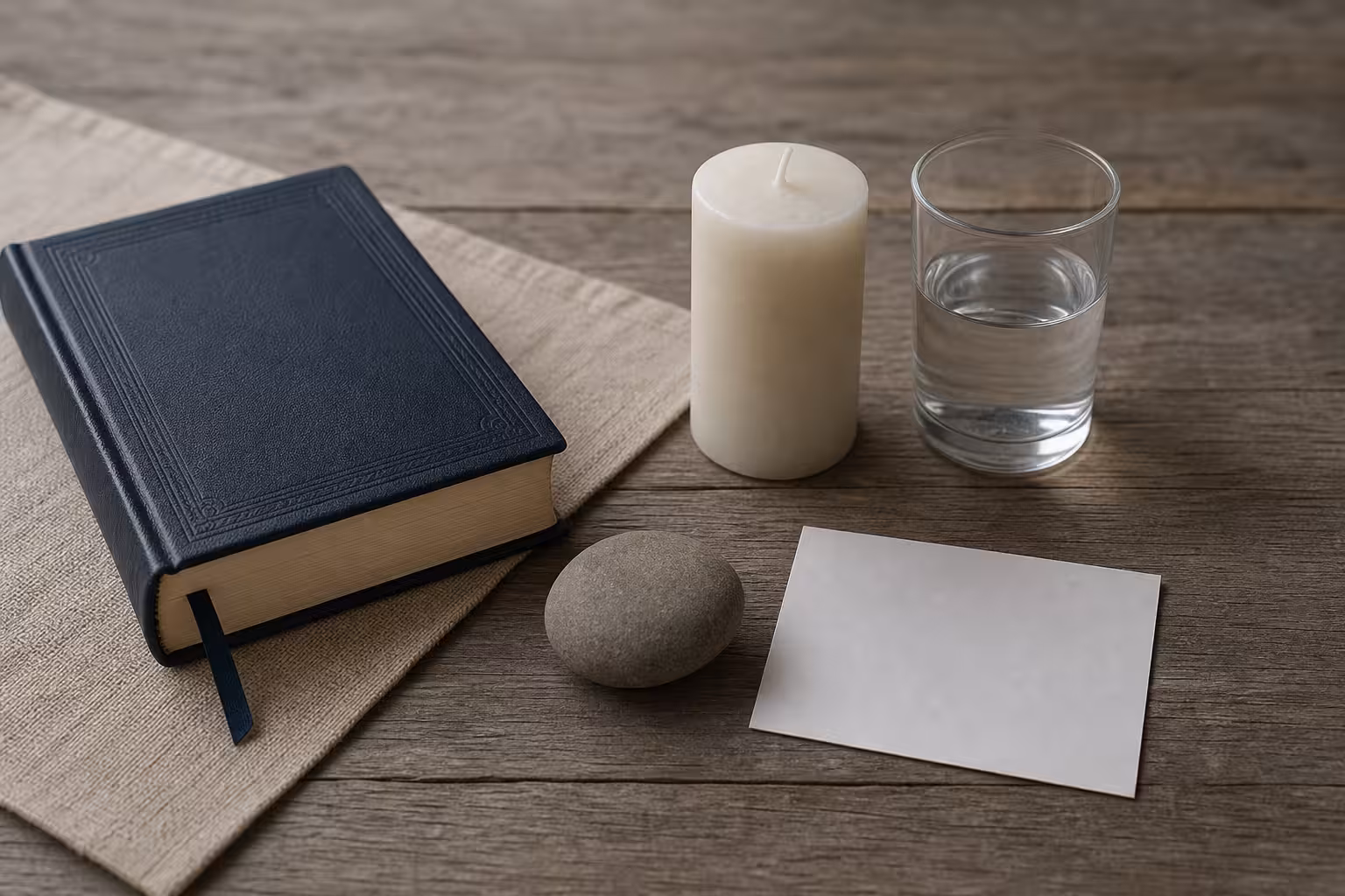A respectful Jewish mourning calendar still life with an unlit memorial candle, plain stone, closed unreadable prayer book, blank calendar card, and water