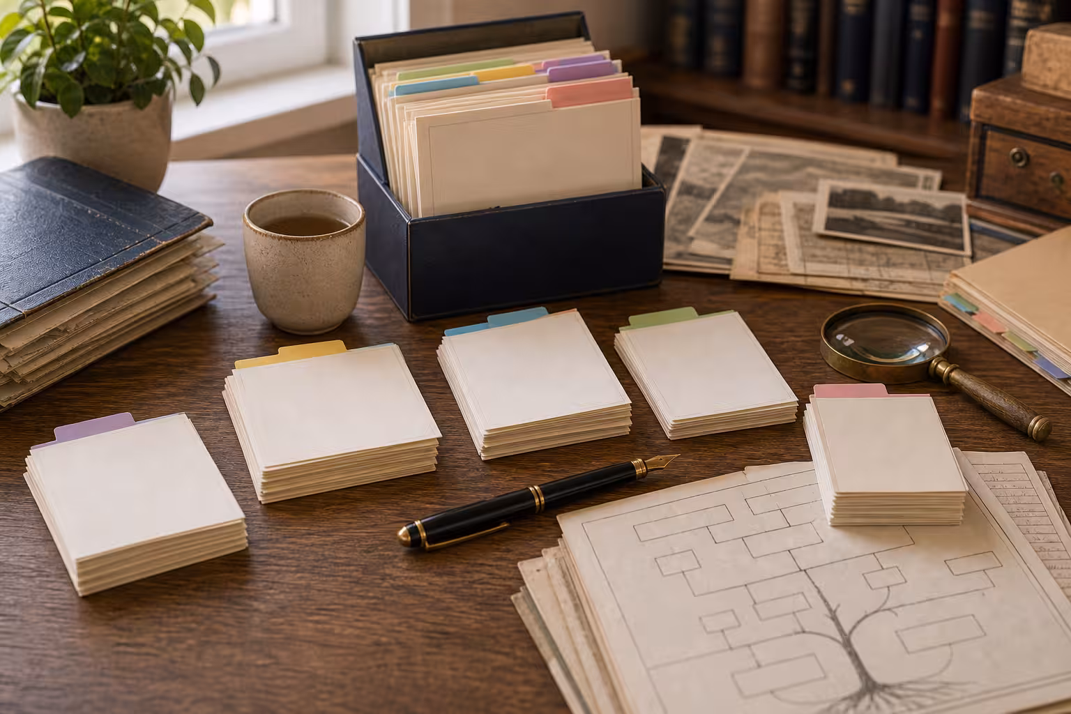 A Jewish names lookup desk with blank name cards, a fountain pen, blurred family records, family tree worksheet, and color tabs