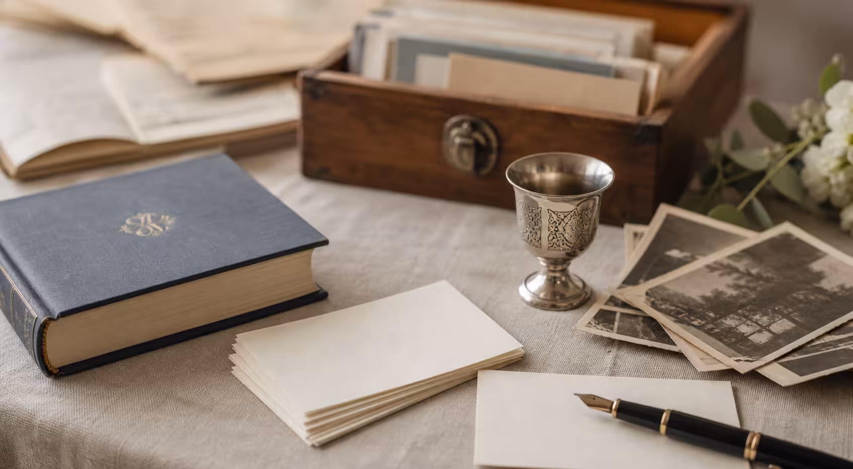 A thoughtful Jewish name-study table with blank name cards, reference book, family records, and fountain pen