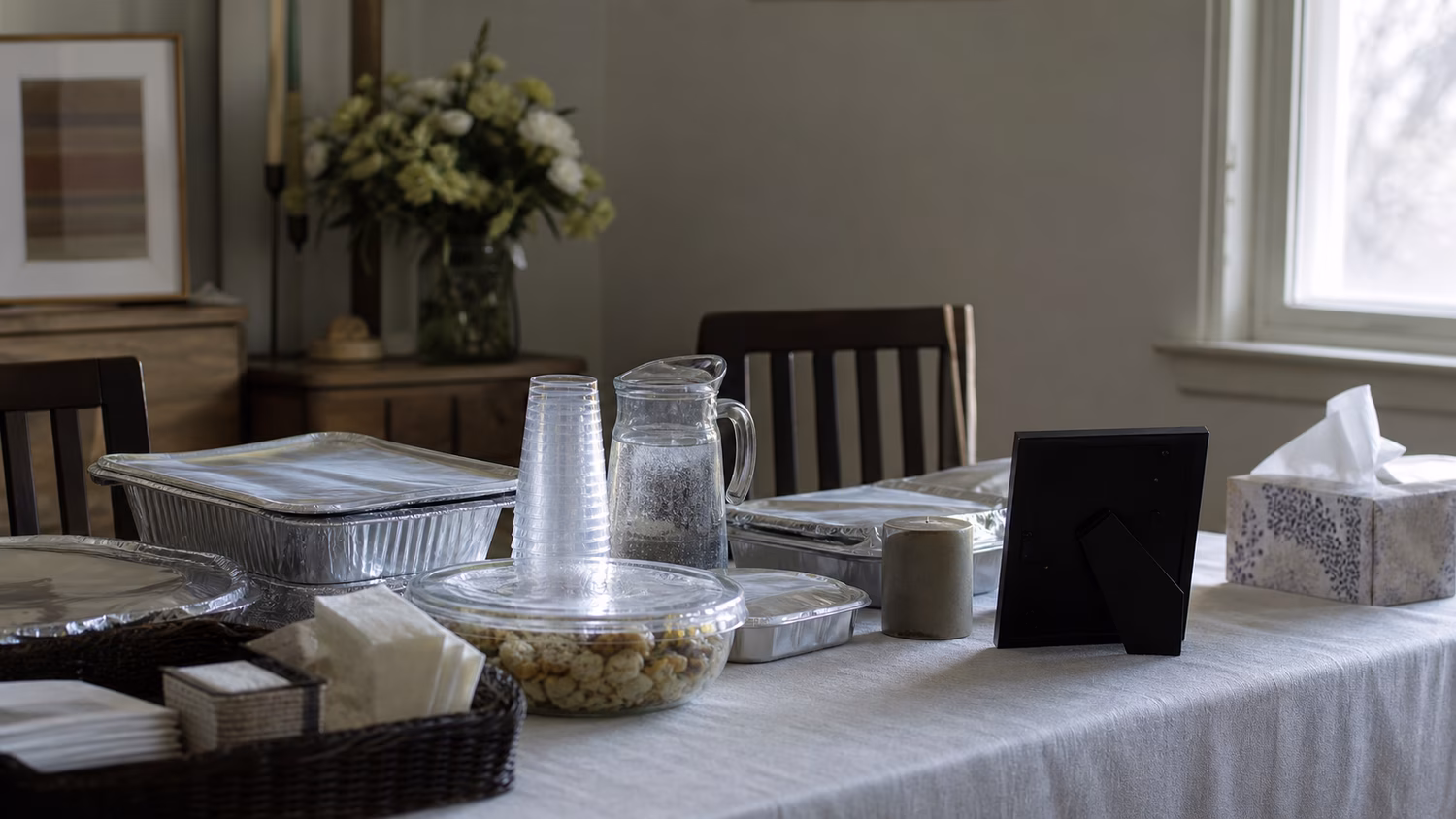 A quiet shiva comfort table with covered food, water, tissues, chairs, and an unlit memorial candle.