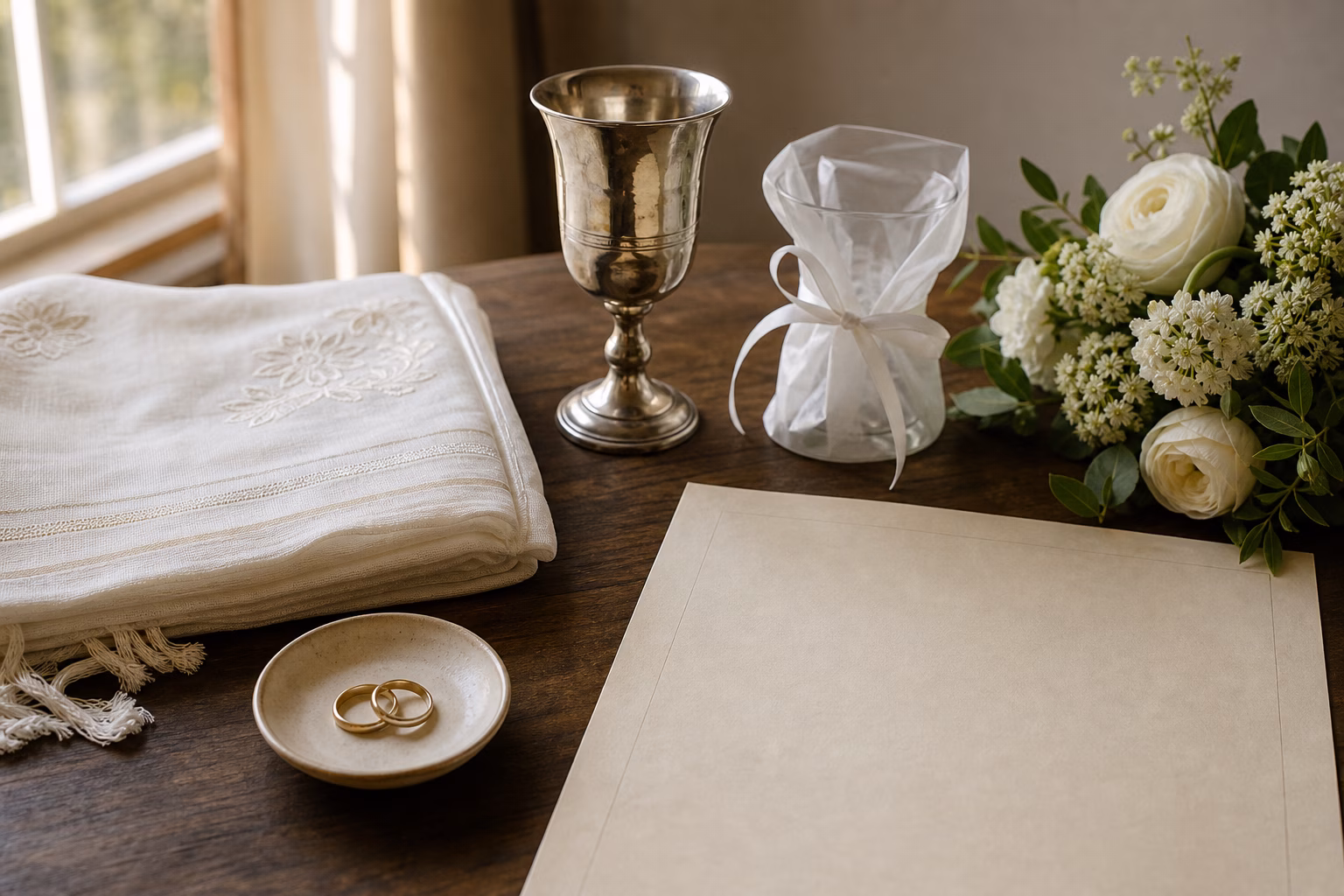 A Jewish wedding preparation table with rings, kiddush cup, wrapped glass, flowers, folded cloth, and blank parchment.