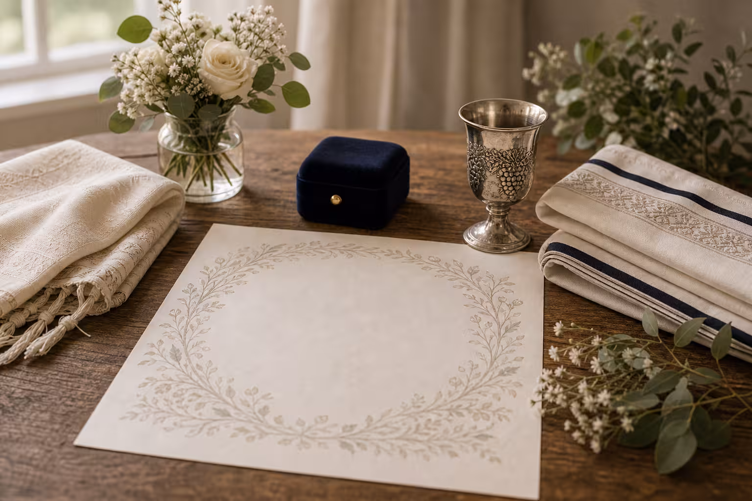 A Jewish wedding preparation still life with a closed ring box, blank ketubah-style art paper, kiddush cup, folded cloth, and flowers