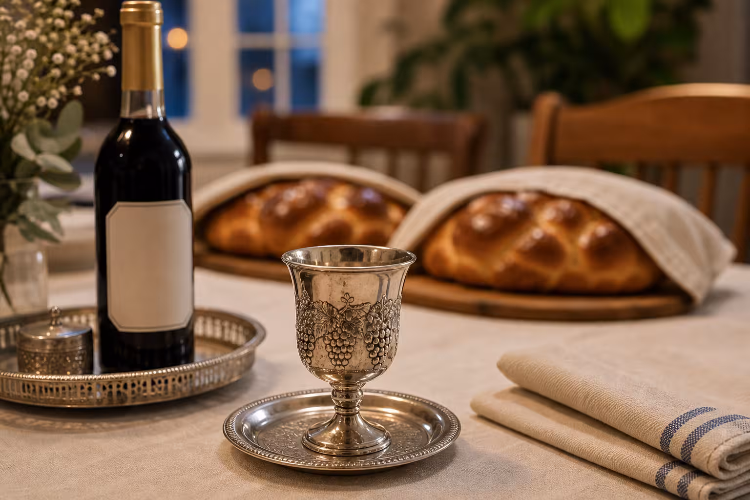 A kiddush preparation still life with a polished cup, blank grape juice bottle, tray, folded napkin, and covered challah in the background