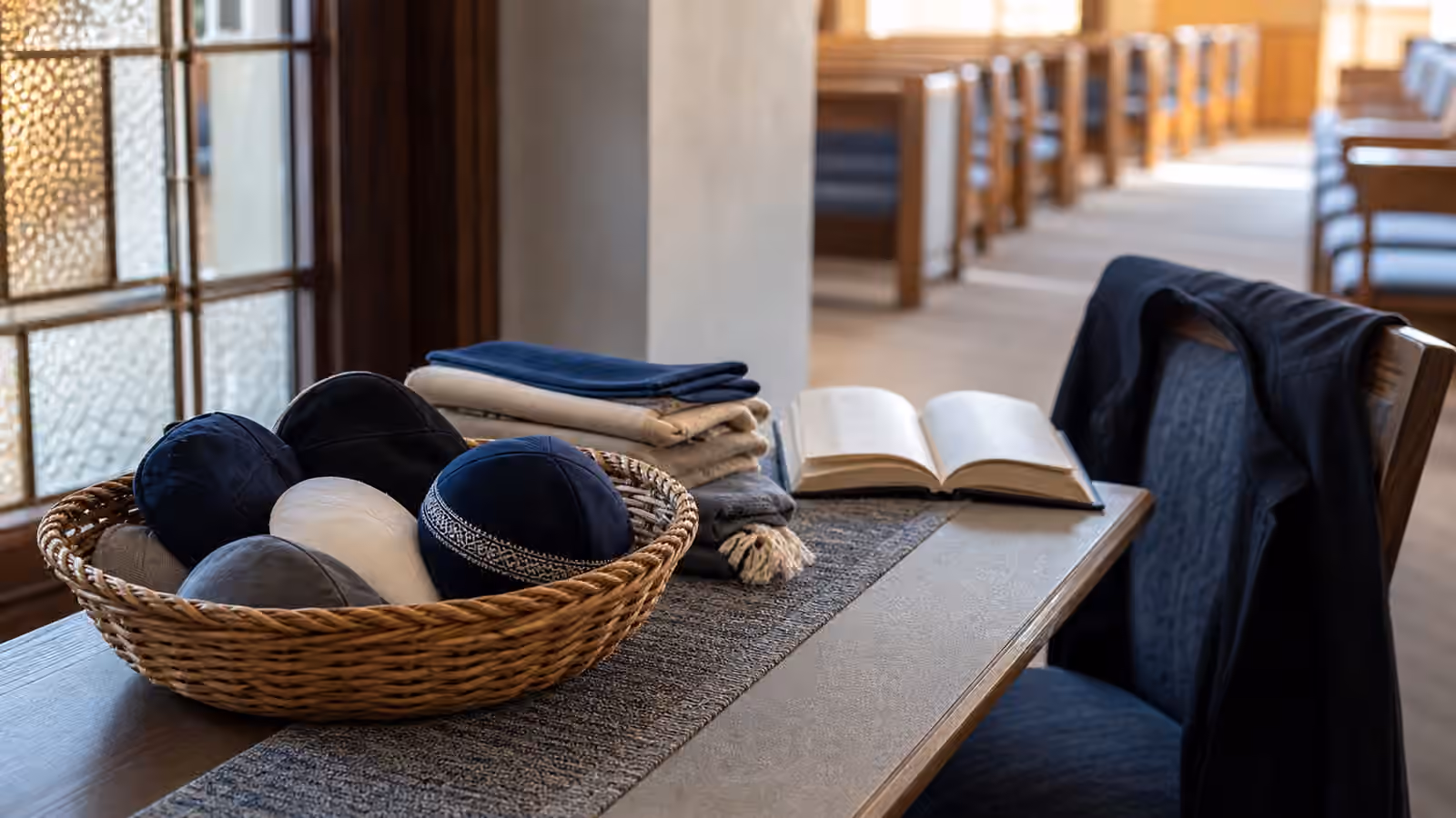 A synagogue entry table with a basket of plain kippot, folded scarves, a prayer book, coat, and sanctuary seating in soft focus.