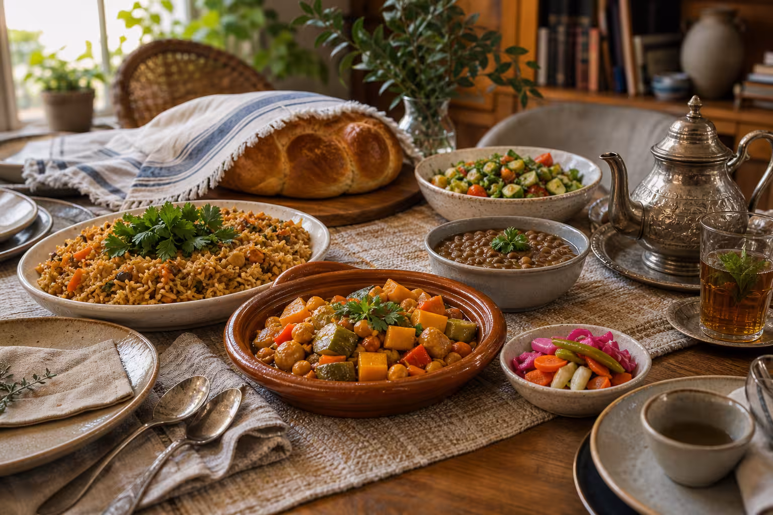A kosher-friendly cultural foodways table with spiced rice, vegetable tagine, covered braided bread, pickled vegetables, lentil stew, salad, and tea