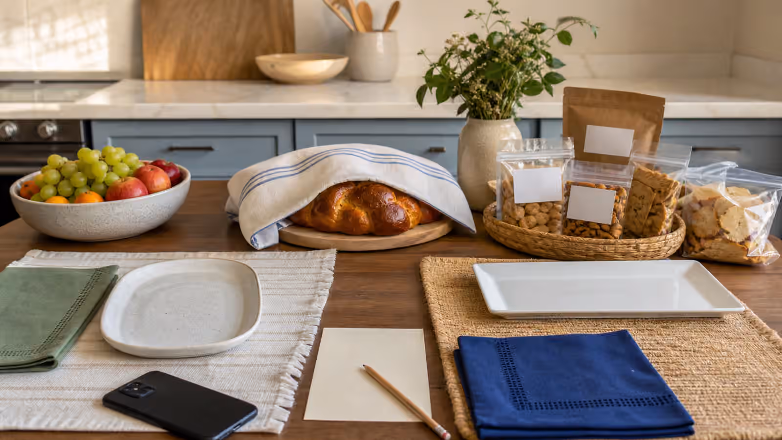 A clean kitchen table with covered challah, fruit, blank menu card, packaged snacks, serving platters, and colored napkins.
