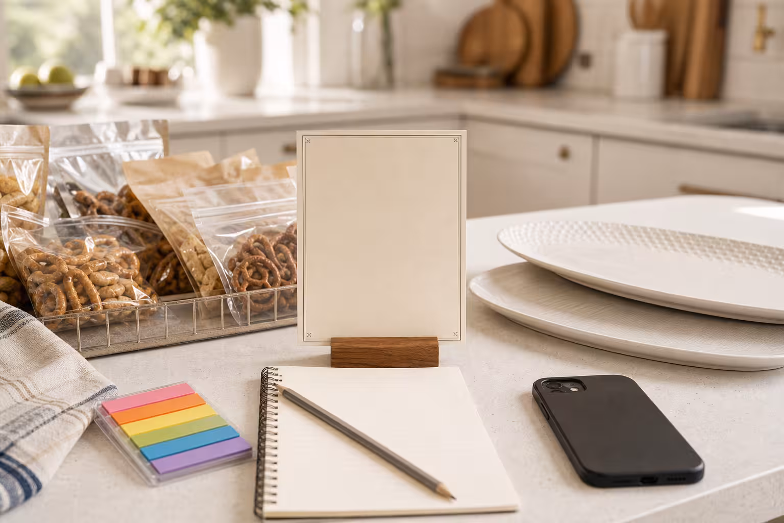 A kosher hosting question setup with a blank menu card, sealed unreadable snacks, color-coded sticky tabs, pencil, clean platters, and phone face down