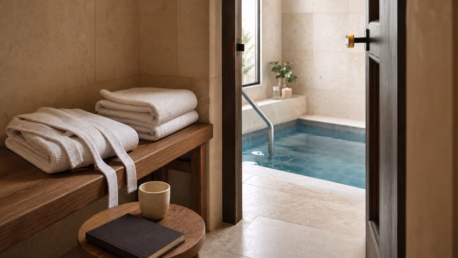 A serene mikveh preparation room with folded towels, a robe, a bench, and blue water visible through an open doorway.