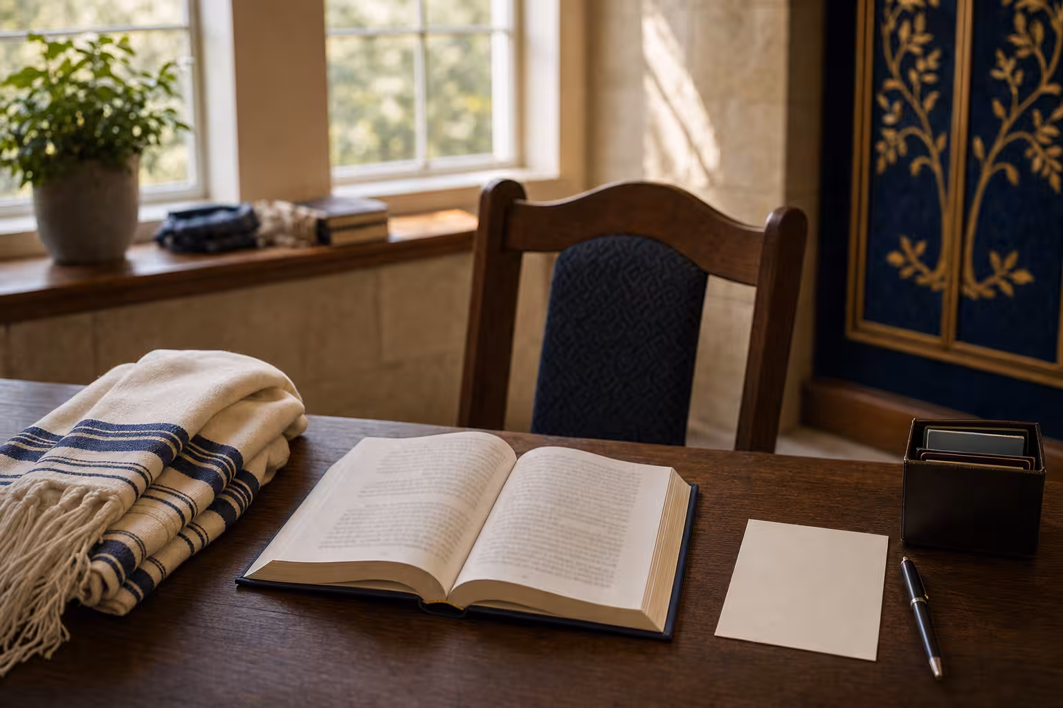A prayer reflection still life with an unreadable open siddur-like book, folded tallit, empty chair, soft window light, and blank note card