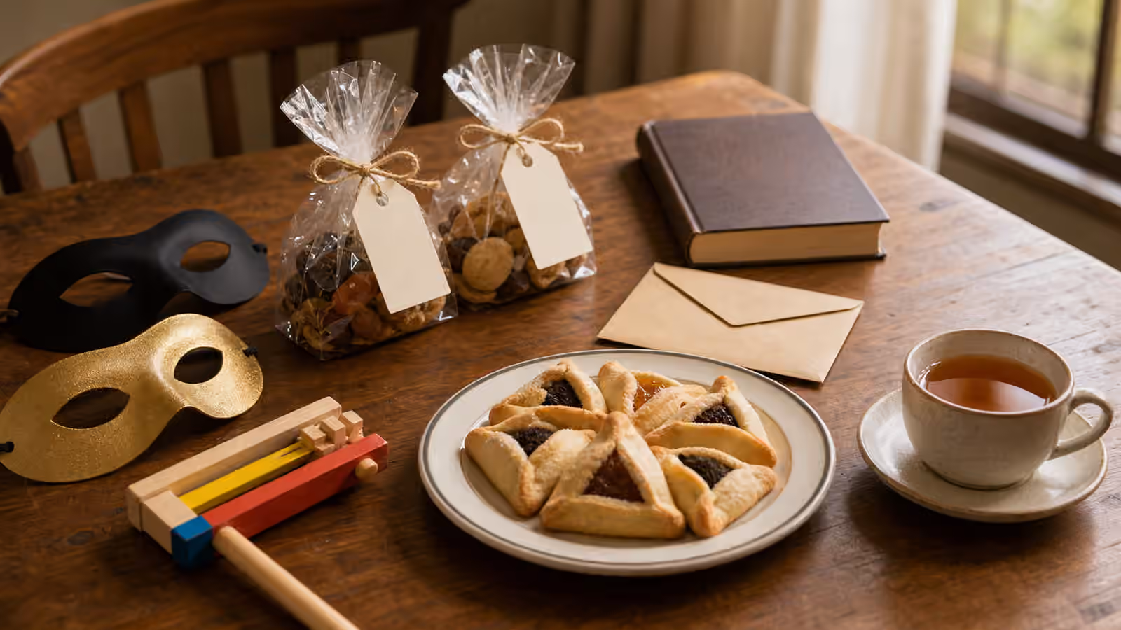 A Purim preparation table with masks, a noisemaker, hamantaschen, food gifts, a tzedakah envelope, a closed book, and tea.
