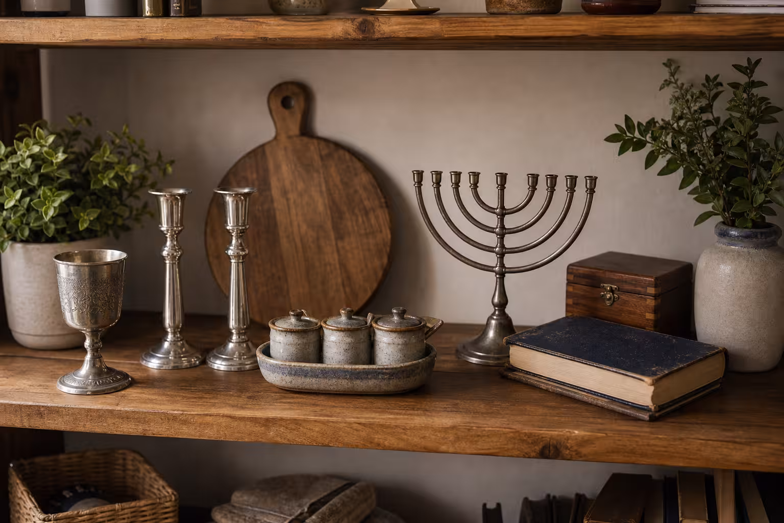 A modest ritual objects shelf with kiddush cup, unlit candlesticks, handmade spice box, unlit menorah, challah board, worn unreadable prayer book, and keepsake box