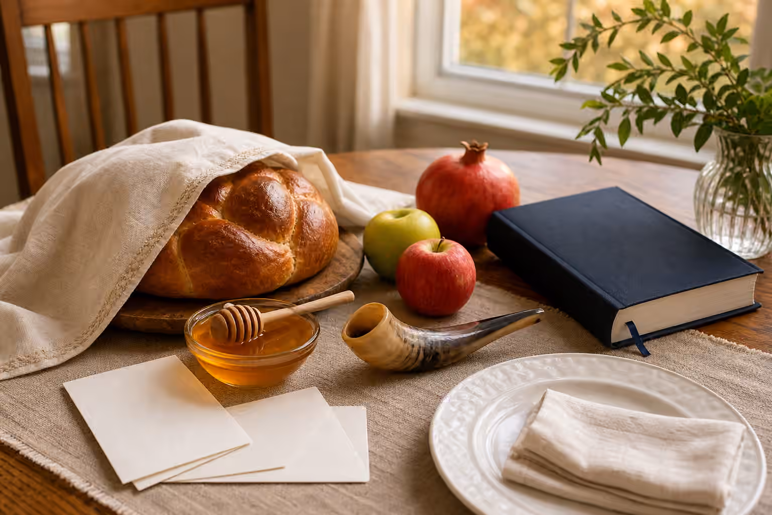 A home table with round challah, apples, honey, pomegranate, shofar, blank cards, and a closed prayer book.