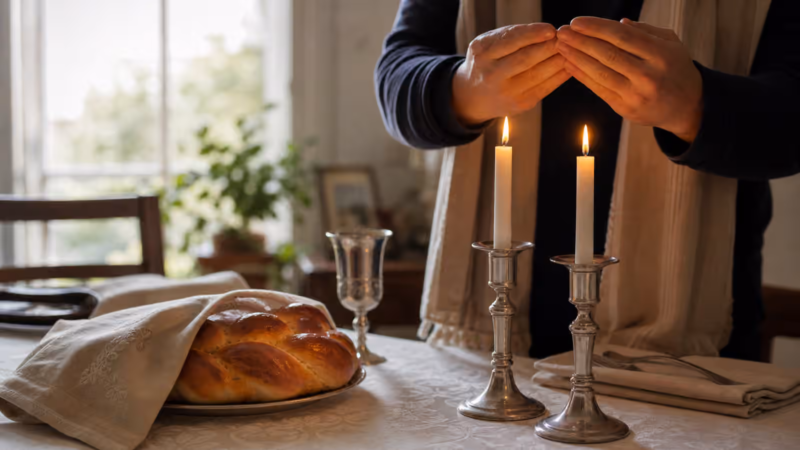A Shabbat table with lit candles, covered challah, kiddush cup, and hands covering the eyes after lighting.