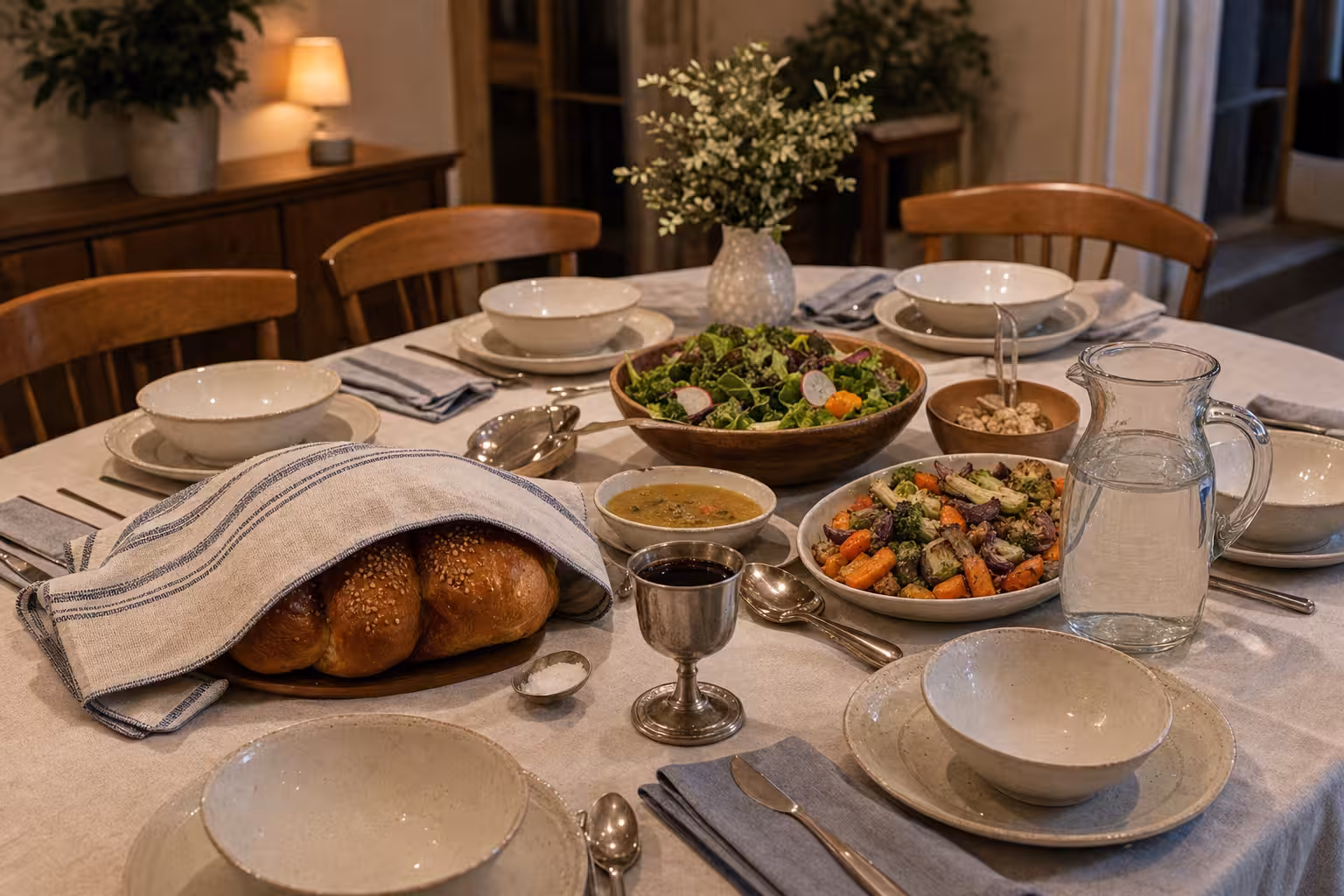 A Shabbat dinner meal table with covered challah, soup bowls, roasted vegetables, salad, water pitcher, kiddush cup, serving spoons, and folded napkins