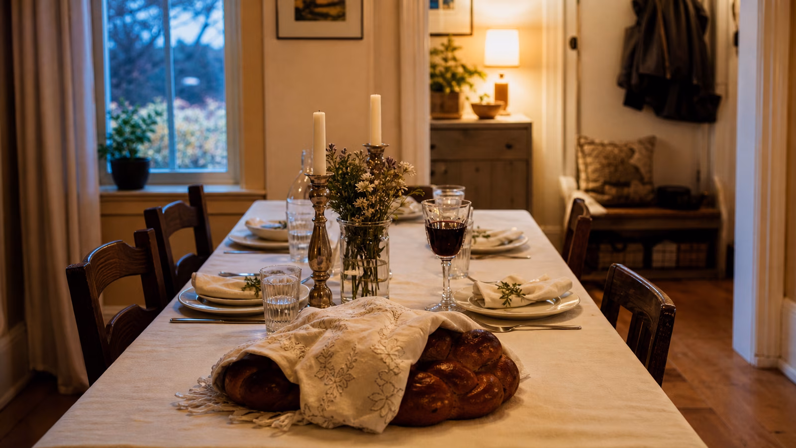 A warm Friday night dining table prepared with covered challah, candlesticks, wine cup, simple place settings, and extra chairs in a lived-in home.