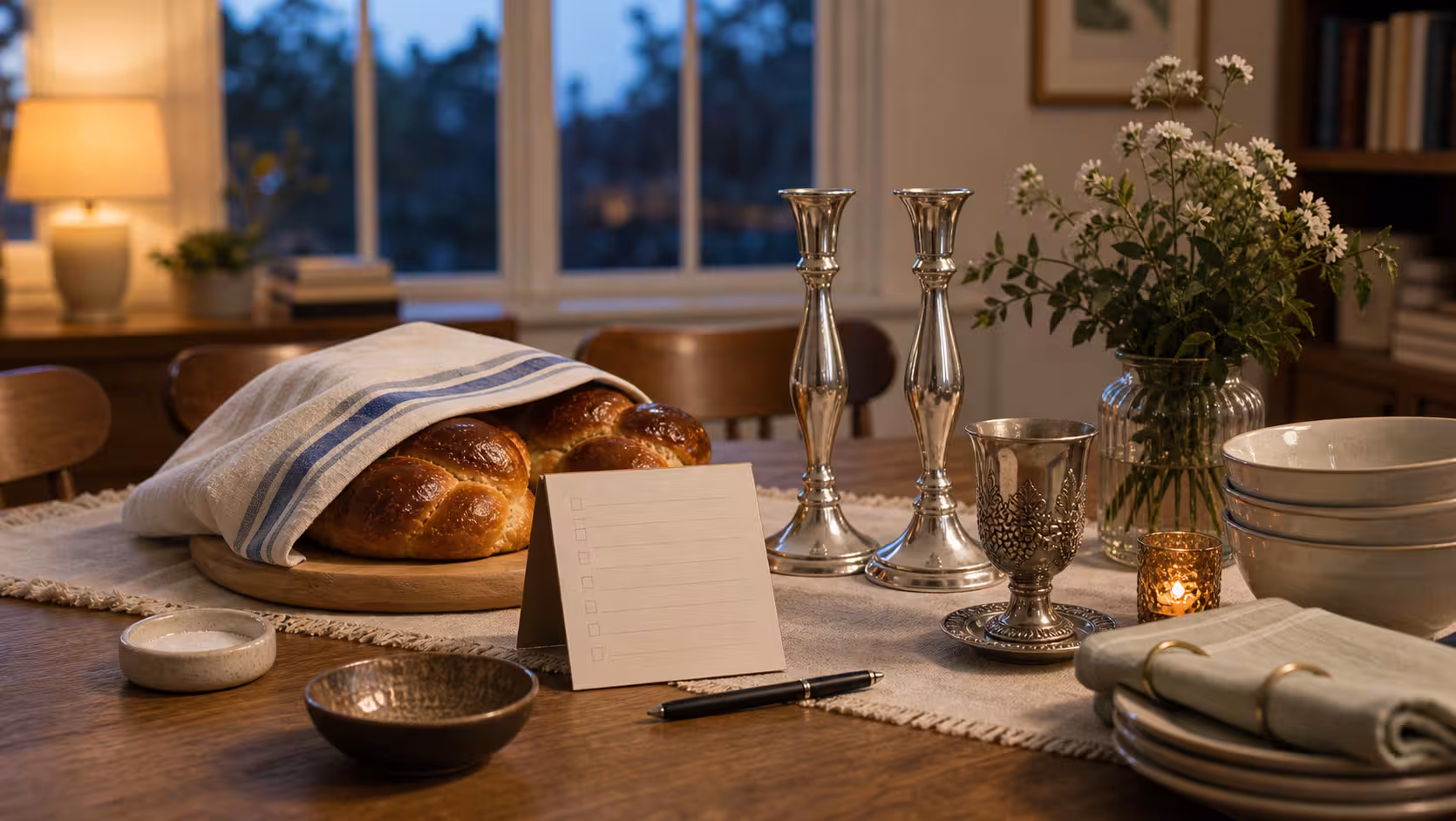 A Friday afternoon Shabbat preparation table with covered challah, unlit candlesticks, kiddush cup, folded napkins, soup bowls, and a blank checklist card