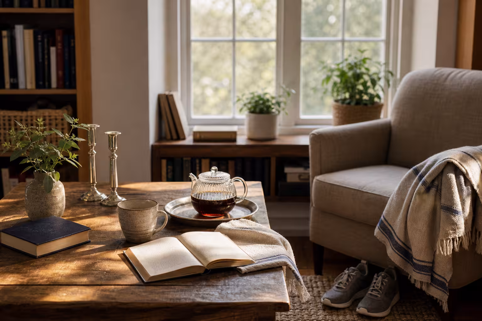 A quiet Shabbat rest corner with a closed laptop tucked away, unreadable book, folded blanket, walking shoes, tea, and afternoon window light