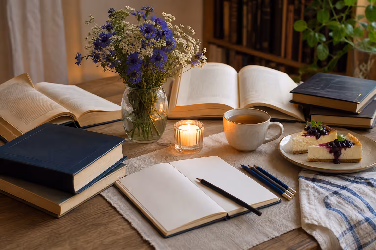 A calm Shavuot study table with open books, flowers, tea, blank notebook, pencils, candlelight, and cheesecake.