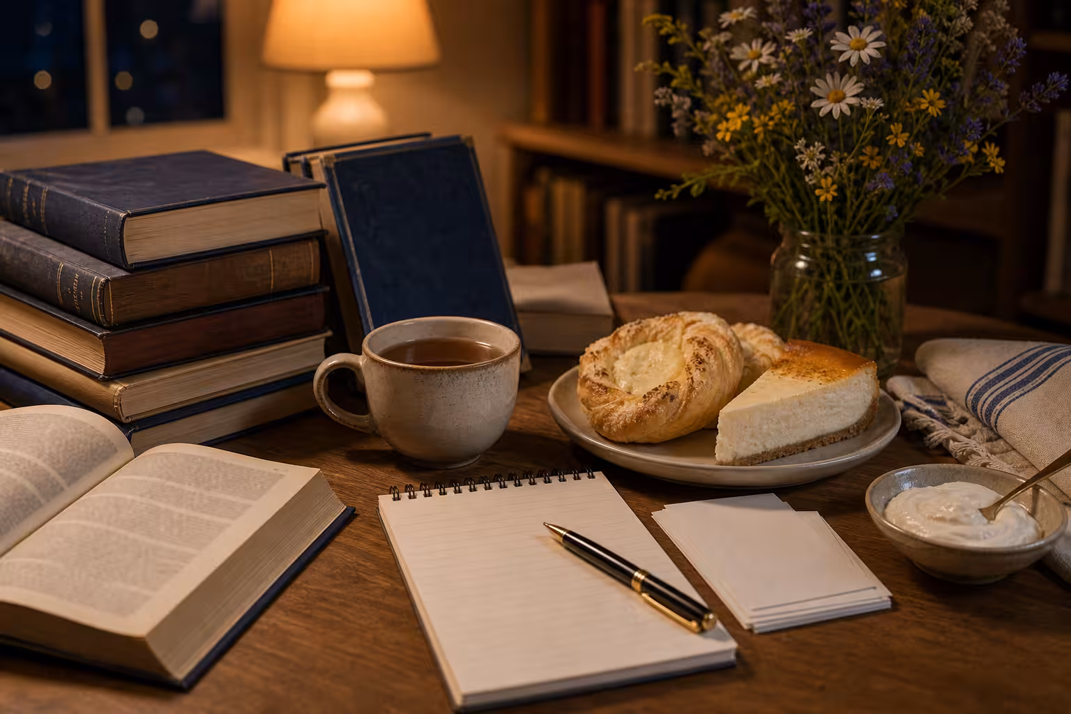 A Shavuot study night table with dairy pastries, tea, stacked learning books with unreadable titles, wildflowers, and blank notes