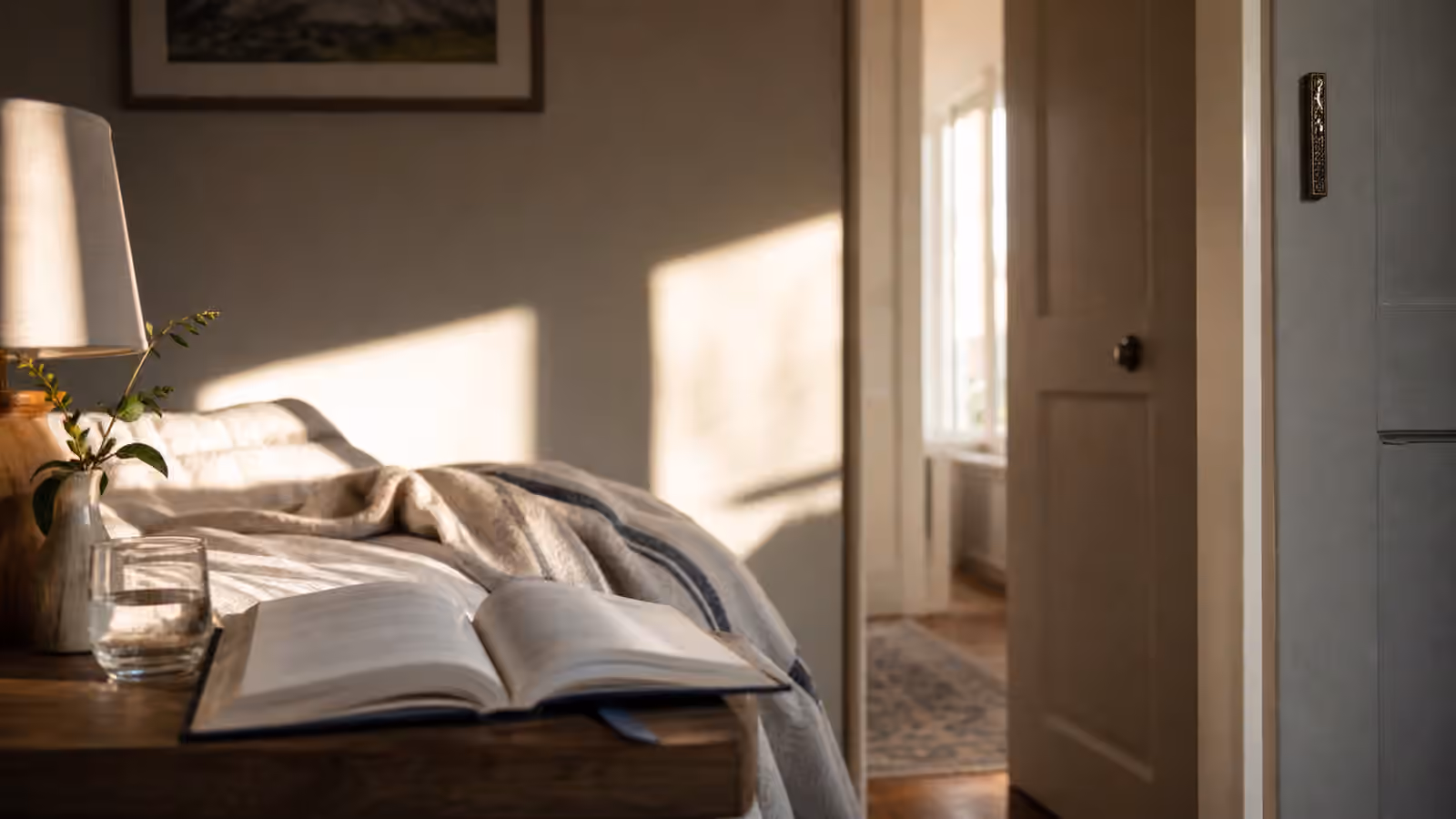 A bedside table with an open prayer book, water glass, folded blanket, and a doorway with a mezuzah in morning light.