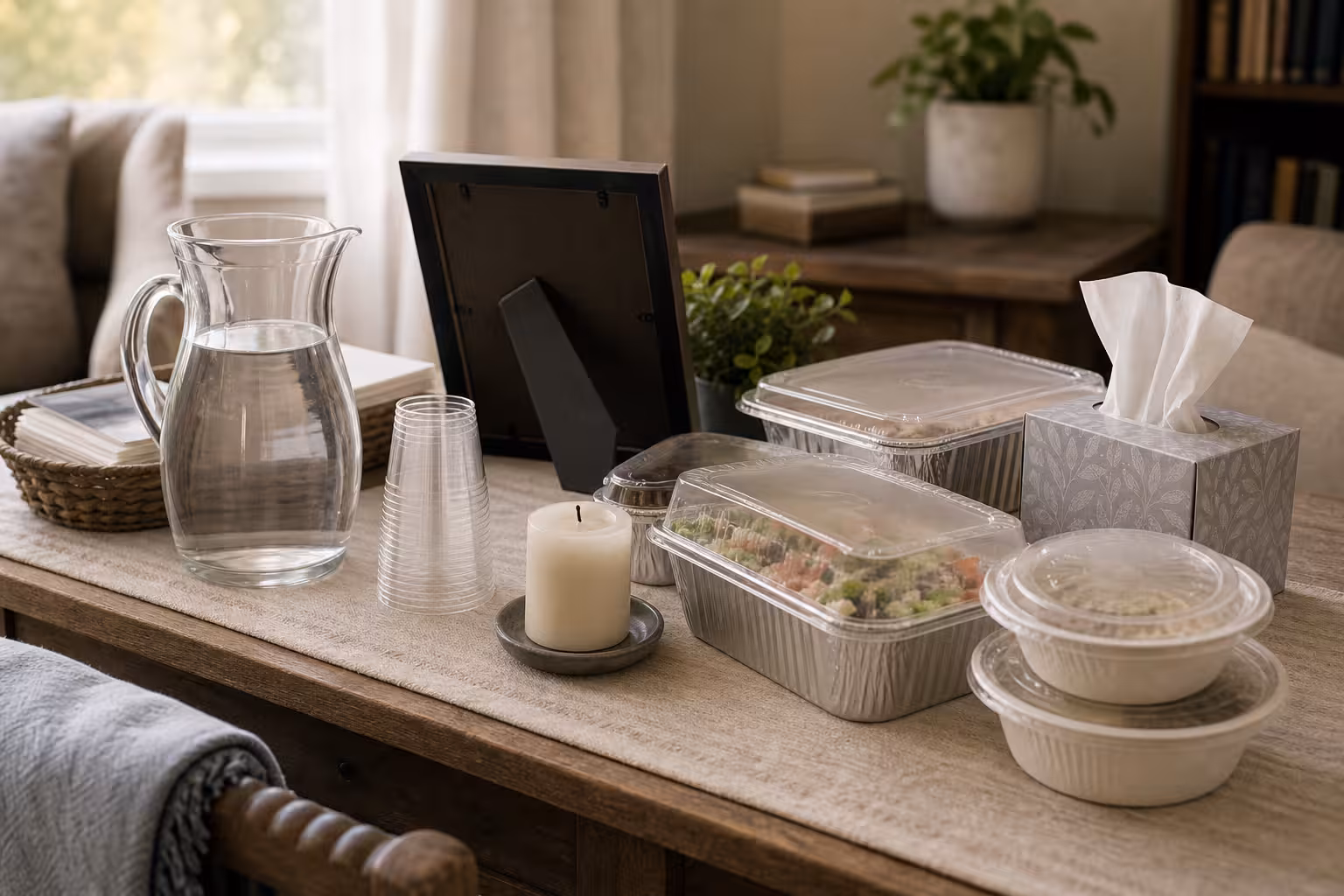 A shiva comfort table with covered food containers, water pitcher, cups, tissues, a turned-away framed photo, and unlit memorial candle