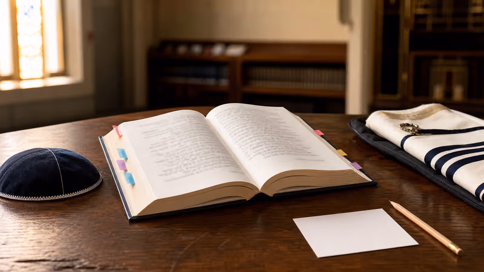 An open prayer book with colored tabs, a pencil, blank note card, kippah, and folded tallit bag on a wooden table.