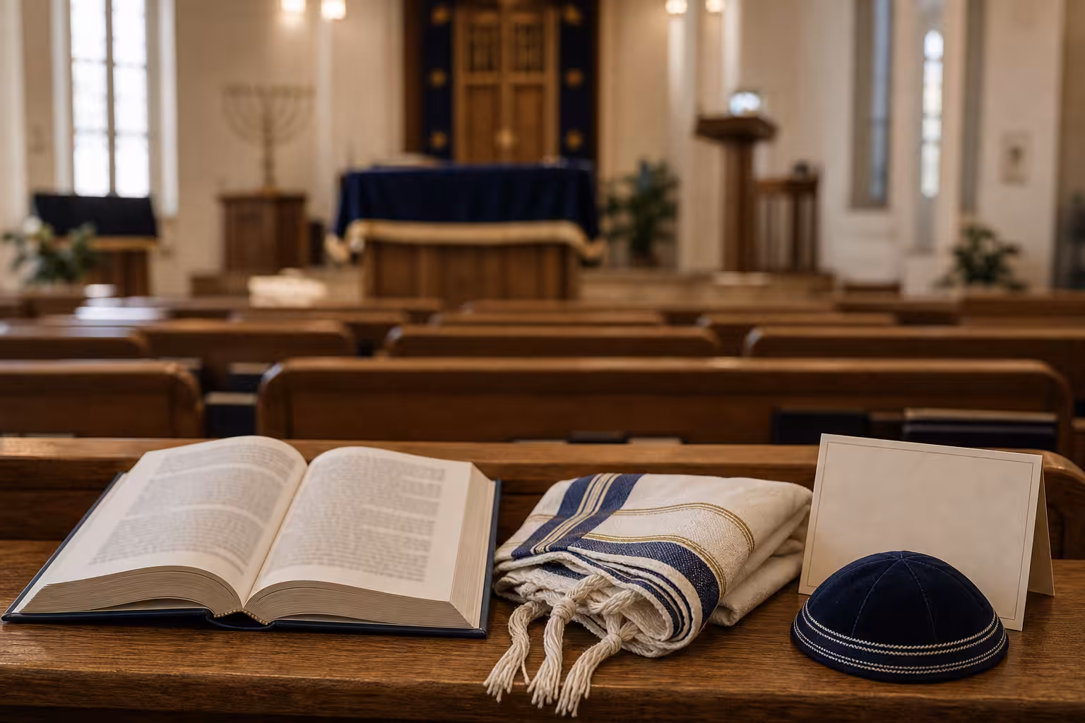 A new visitor synagogue seat setup with a prayer book, folded tallit, kippah, blank welcome card, and aisle seats in soft focus