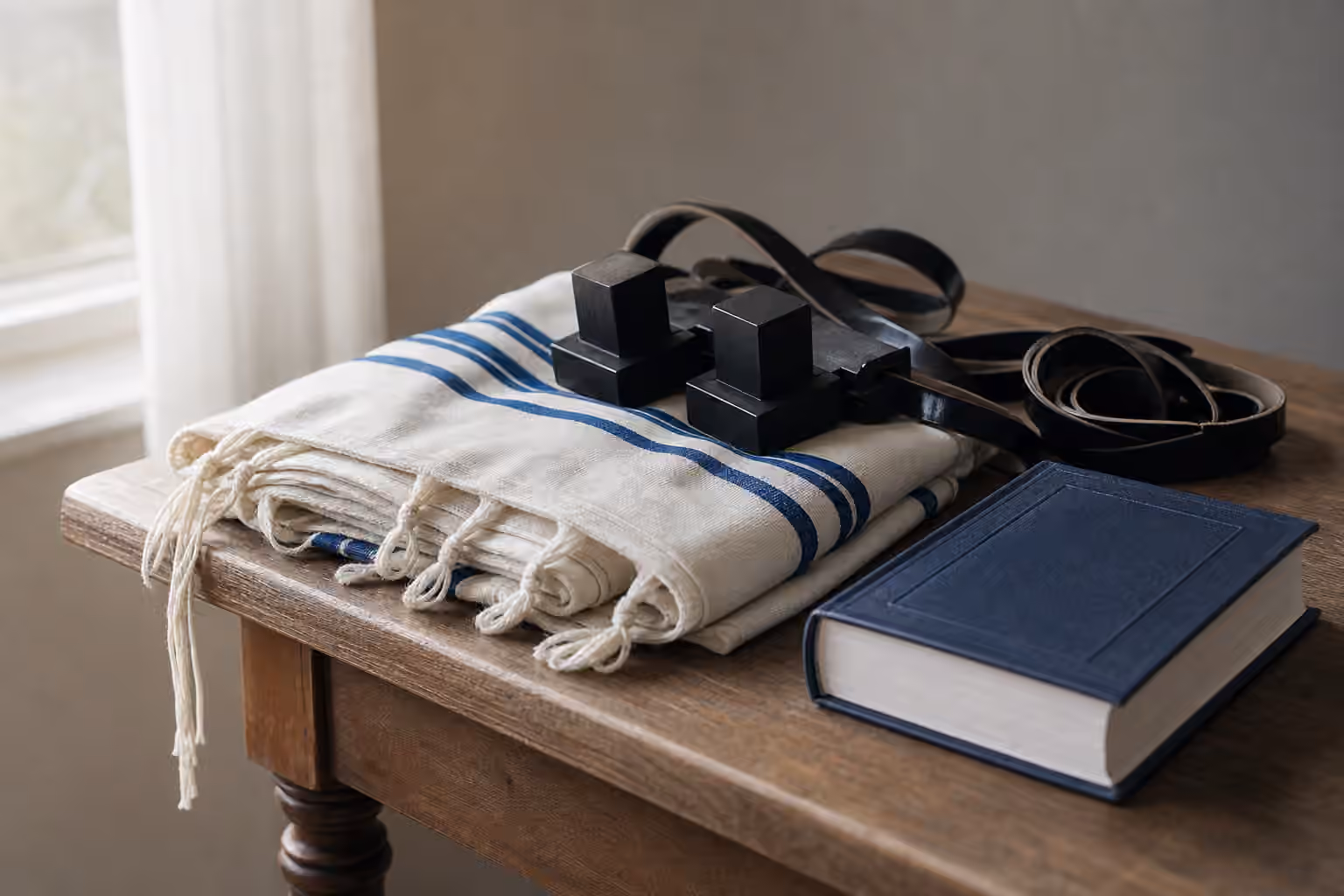 A folded tallit, tefillin, and closed prayer book on a wooden table in morning light.