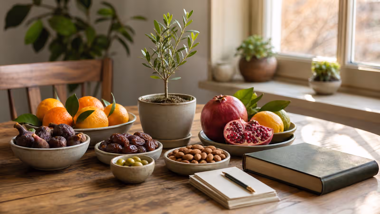 A warm home table with fruit, nuts, olives, a small potted tree, blank note cards, and a closed book in winter light.