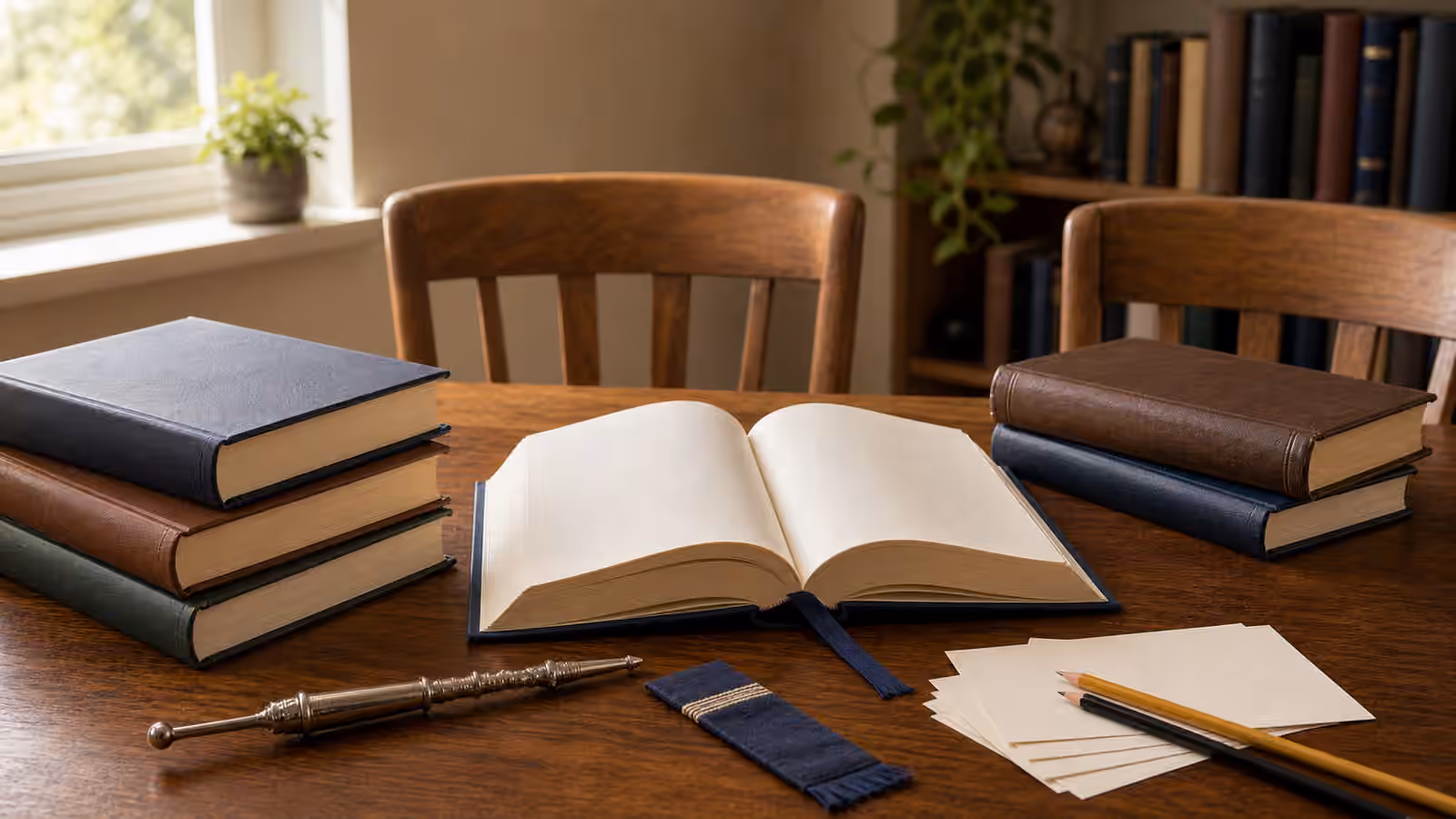 A quiet Jewish study table with plain books, blank note cards, pencils, a yad pointer, and two empty chairs.