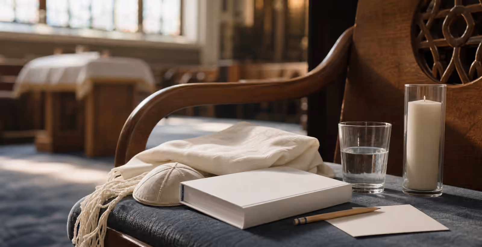 A synagogue chair with white cloth, plain prayer book, kippah, water glass, pencil, blank card, and an unlit memorial candle.