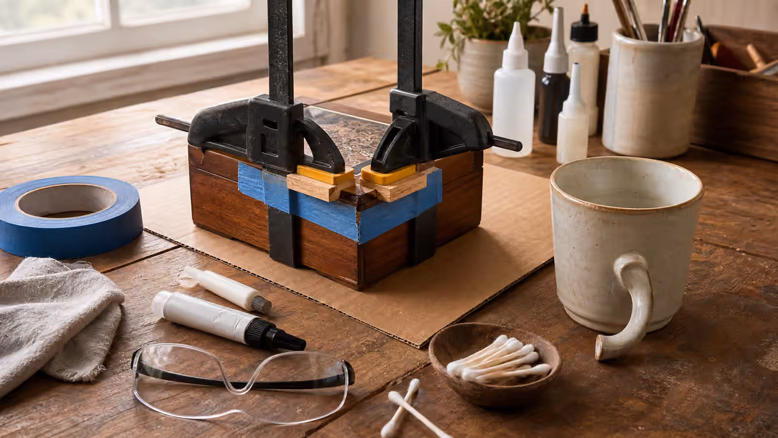 A small wooden box repair held in clamps with adhesive tubes, tape, cloth, cotton swabs, and safety glasses nearby.