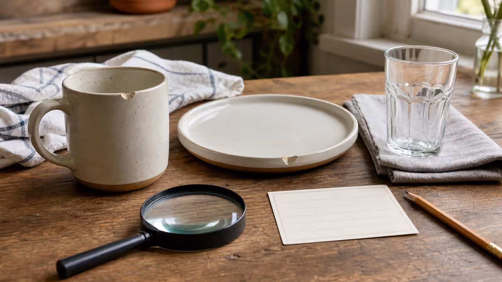A chipped mug and plate on a cloth beside a glass, magnifying glass, pencil, and repair note.
