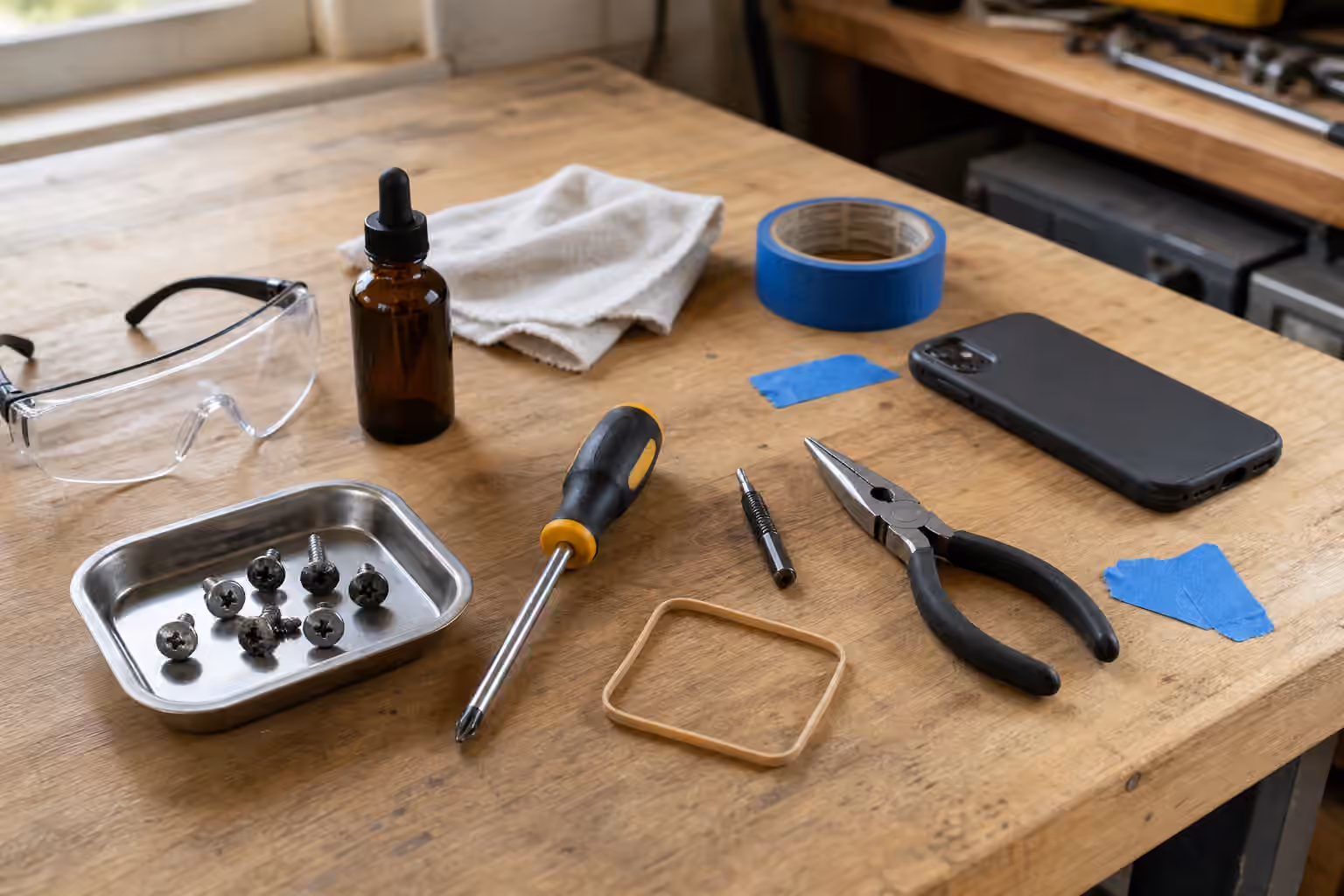A repair bench with damaged screw heads, screwdriver, pliers, extractor bit, tape, safety glasses, cloth, and phone.