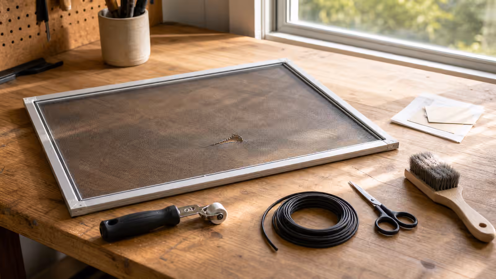 A window screen frame on a workbench with spline, roller, brush, and small hand tools.
