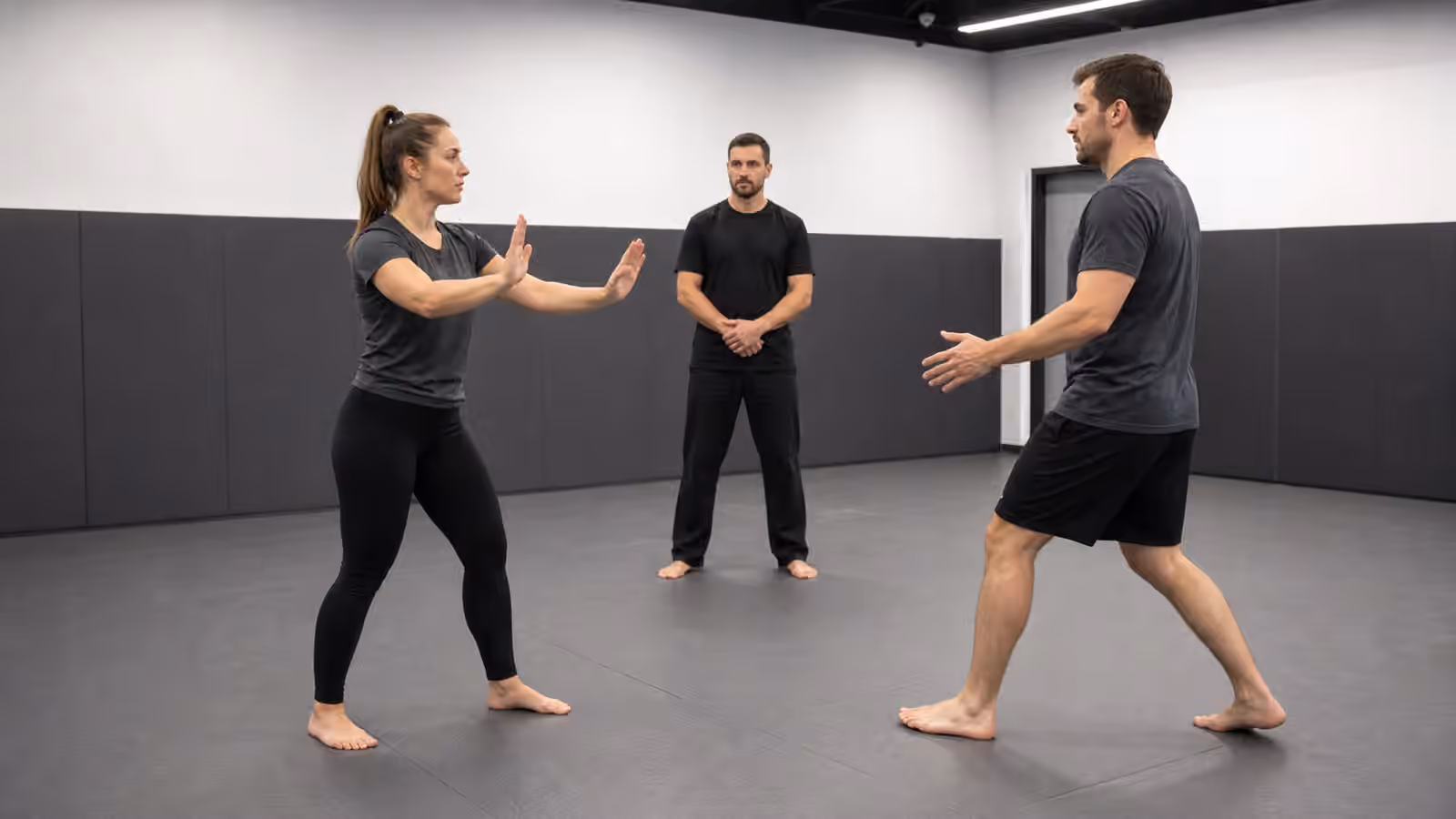 Krav Maga students practicing open-hand boundaries at a safe distance