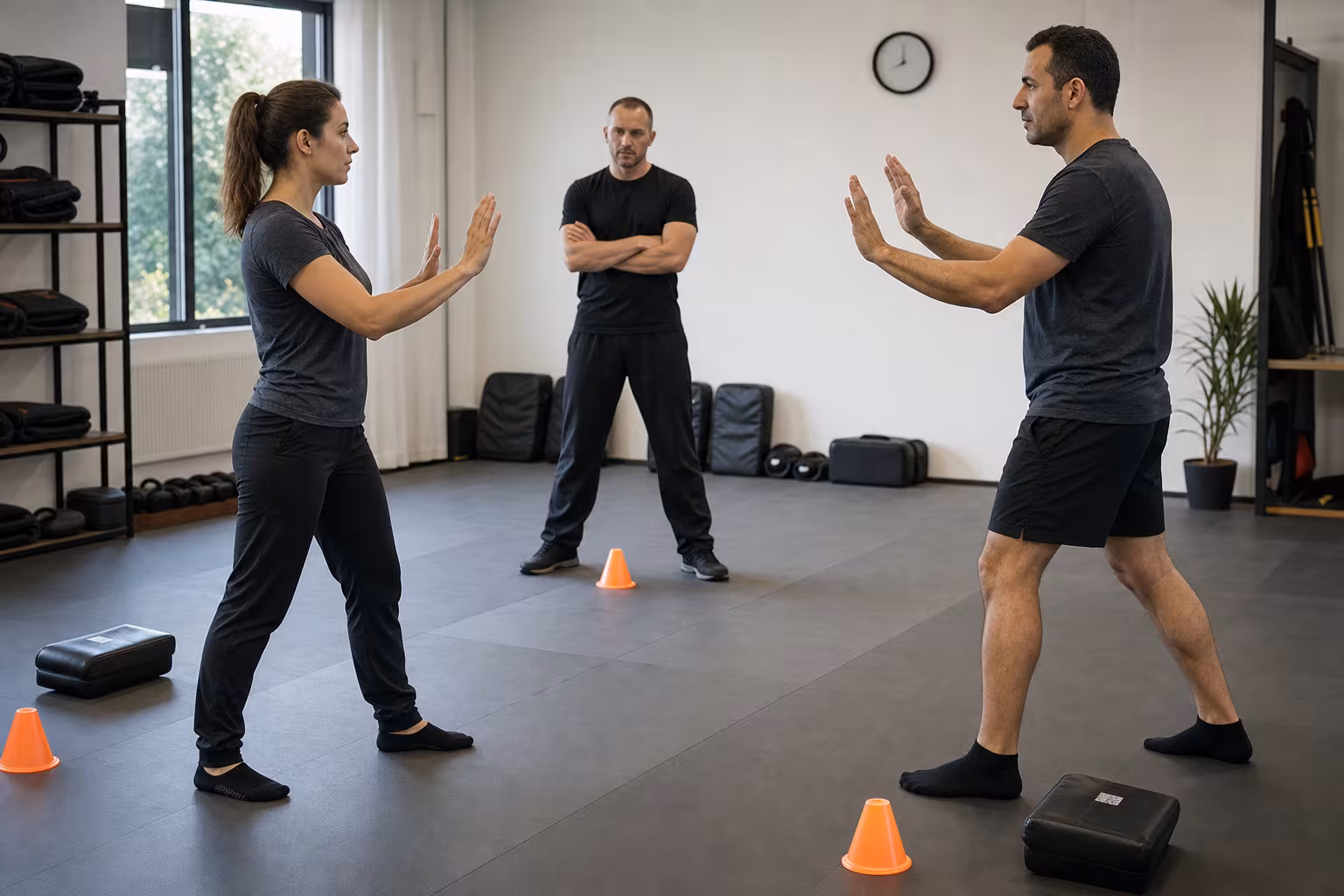 Adult beginners in a Krav Maga studio practicing calm open-hand boundaries at a safe distance while an instructor observes.