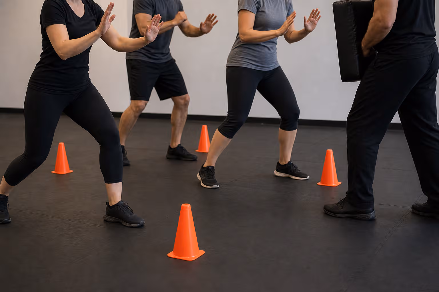 Krav Maga students practicing balanced footwork around cones