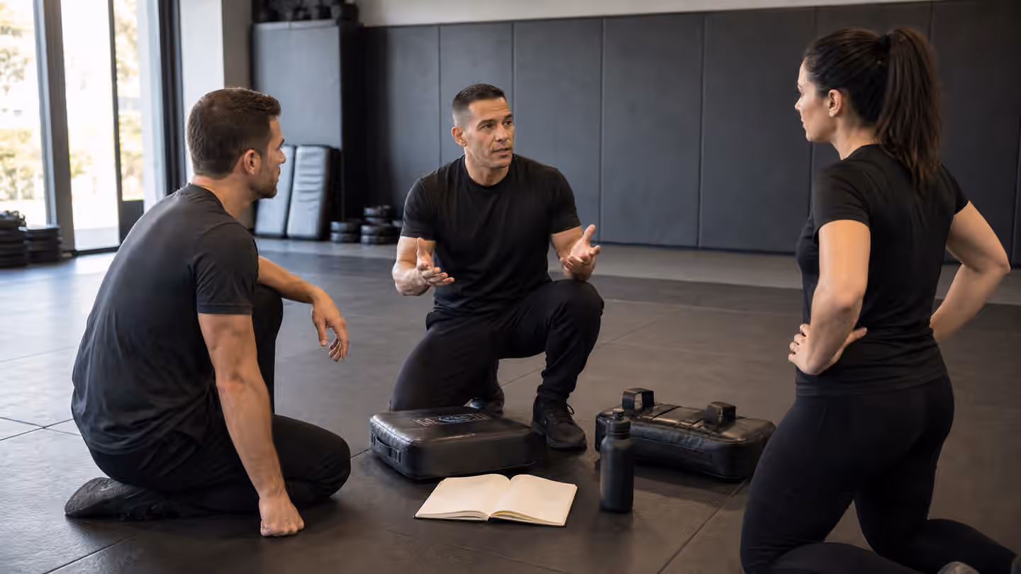 A Krav Maga instructor calmly debriefs students after a controlled scenario drill beside pads and a blank notebook.