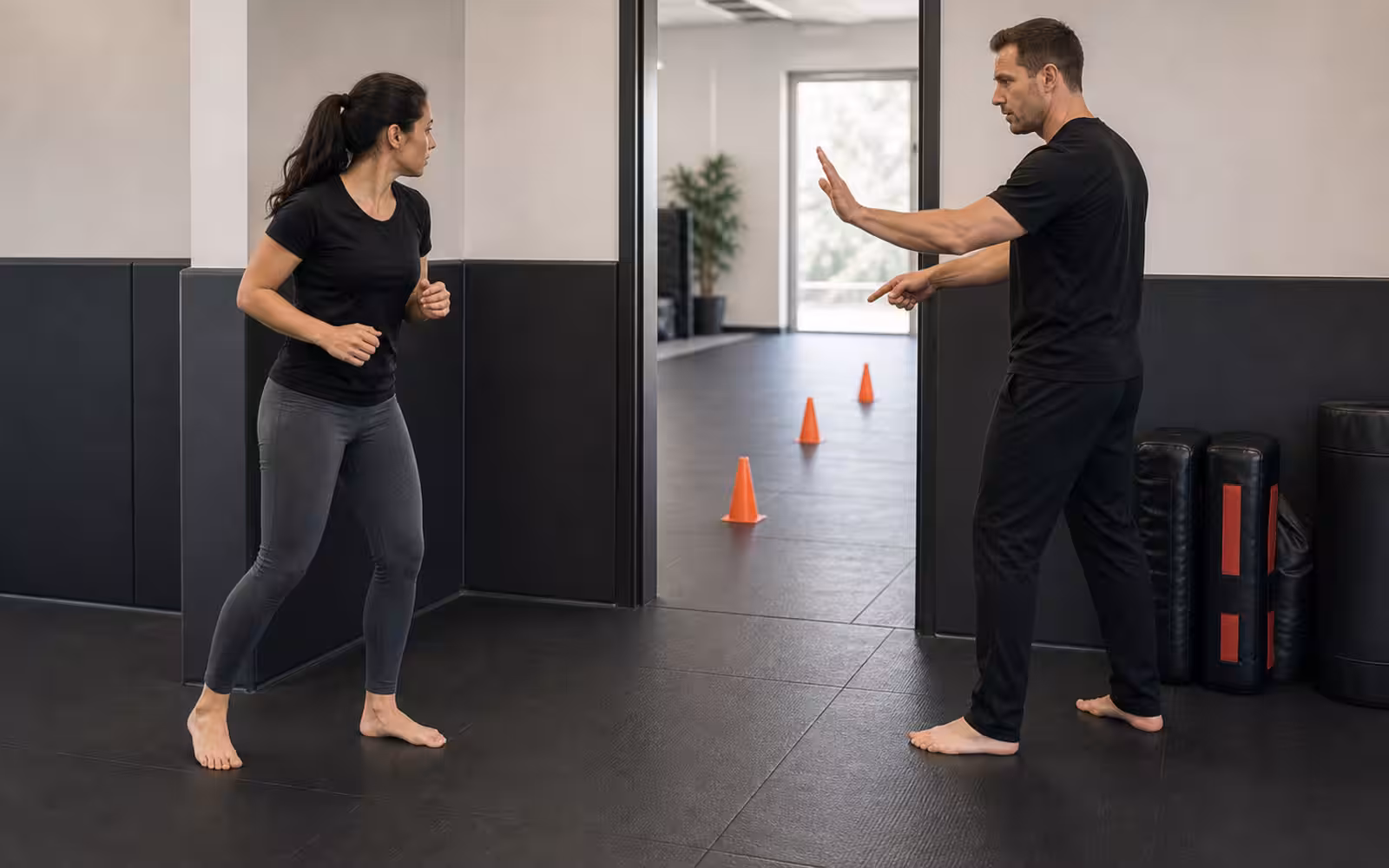 A self-defense awareness doorway drill with a clear exit path, wall corner, soft cones, and an instructor demonstrating safe spacing