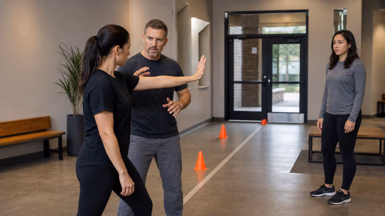 A Krav Maga instructor coaching a calm bystander-help scenario near a doorway and clear exit path.