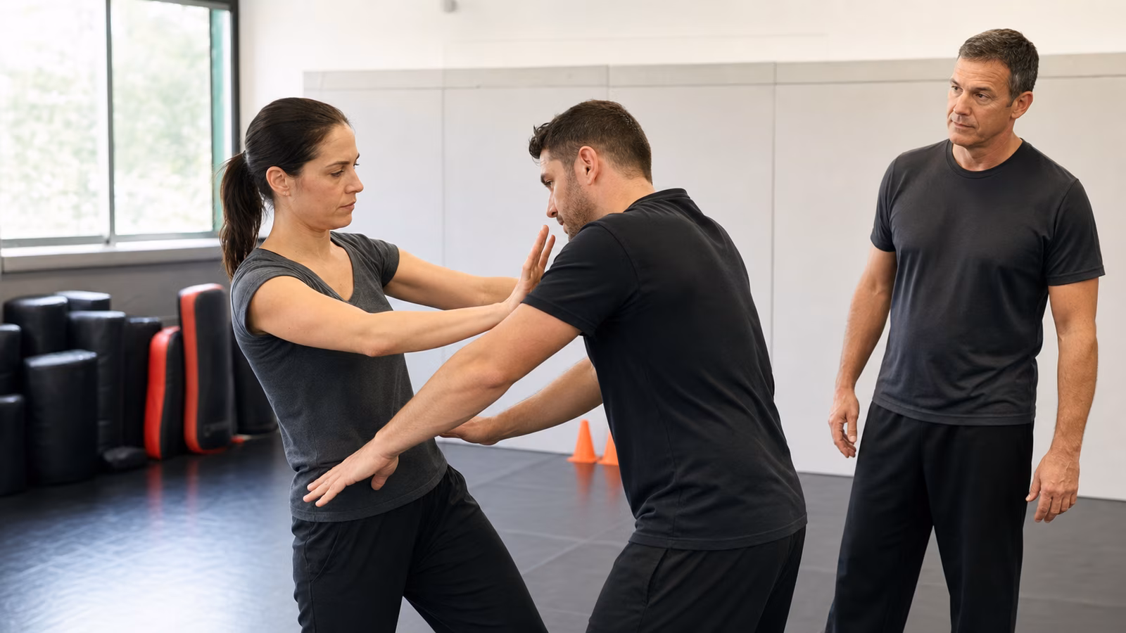 Two adults practice a controlled close-range Krav Maga framing drill while an instructor observes.