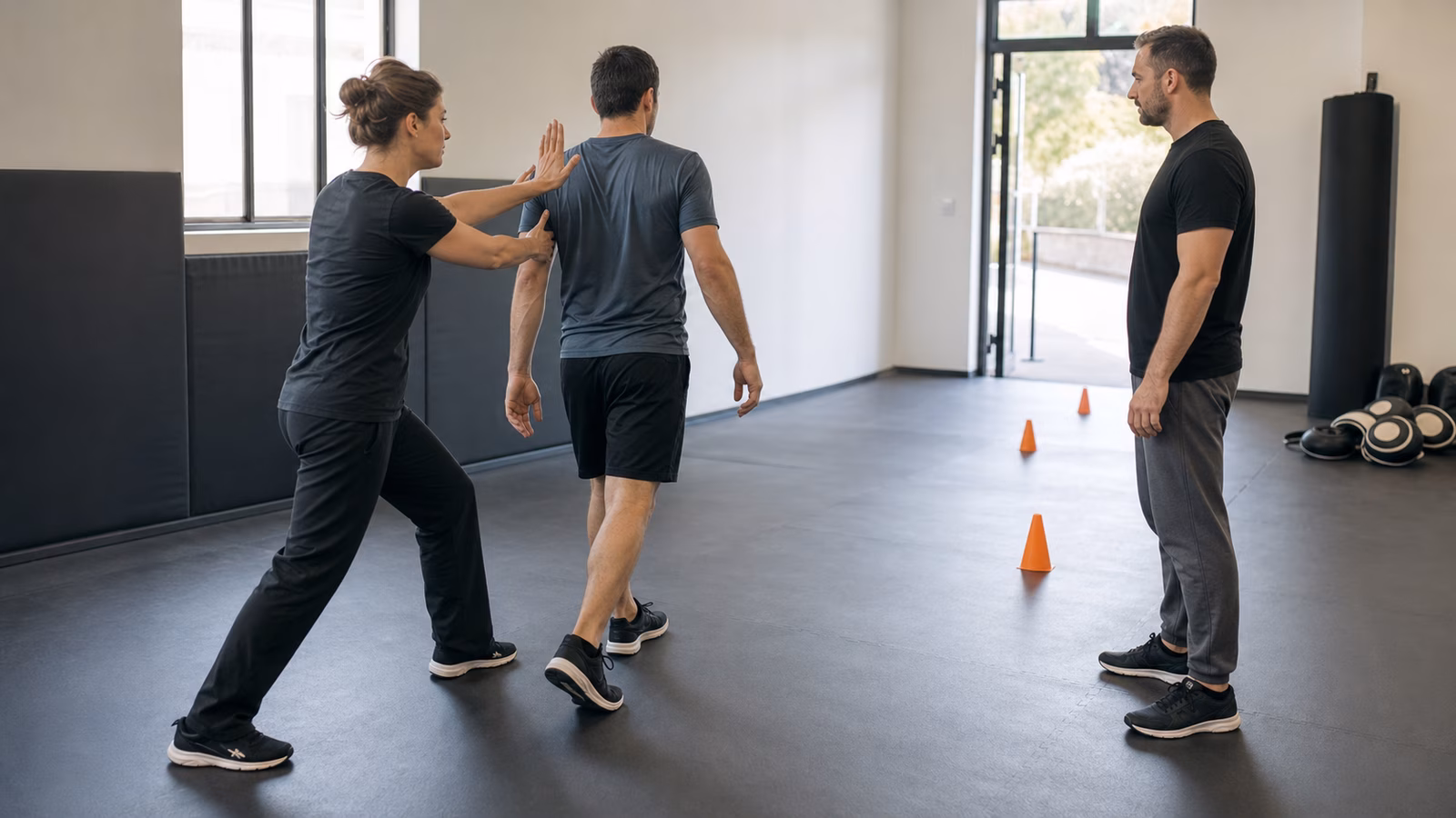 Adults practice a calm Krav Maga companion exit drill toward an open lane while an instructor observes.