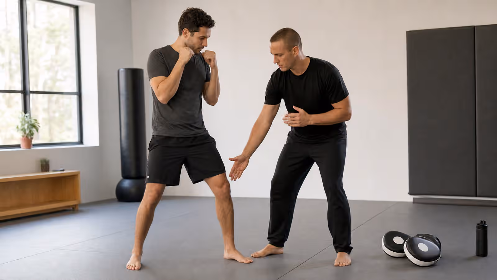 A Krav Maga instructor quietly correcting a beginner student's stance on a clean training floor.