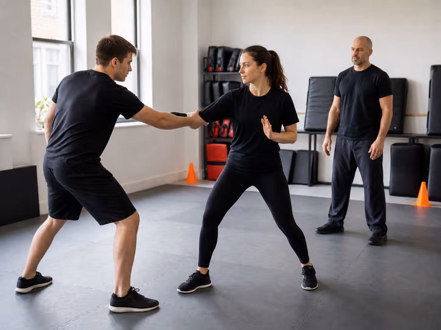 A supervised Krav Maga class practices a controlled wrist and sleeve grab-release drill.