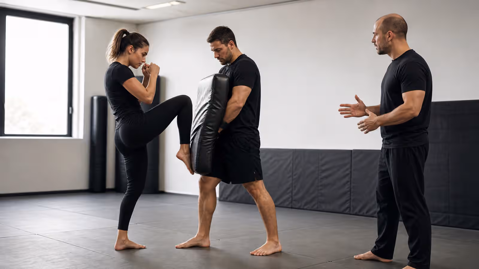 A controlled Krav Maga knee-strike drill with a kick shield and an instructor watching spacing.