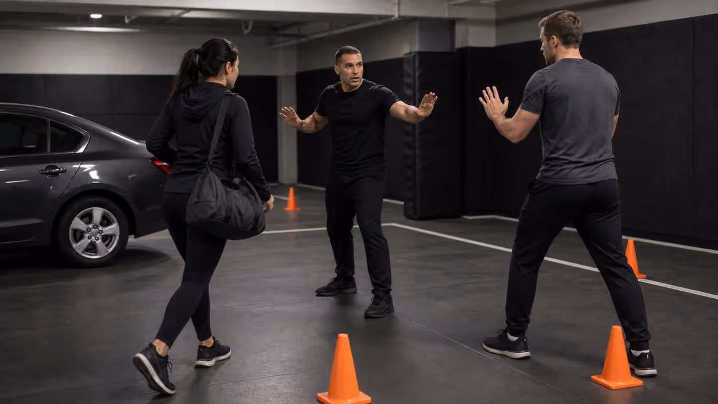 A Krav Maga class practices a calm low-light parking-lot exit scenario with cones, a car prop, and an instructor.