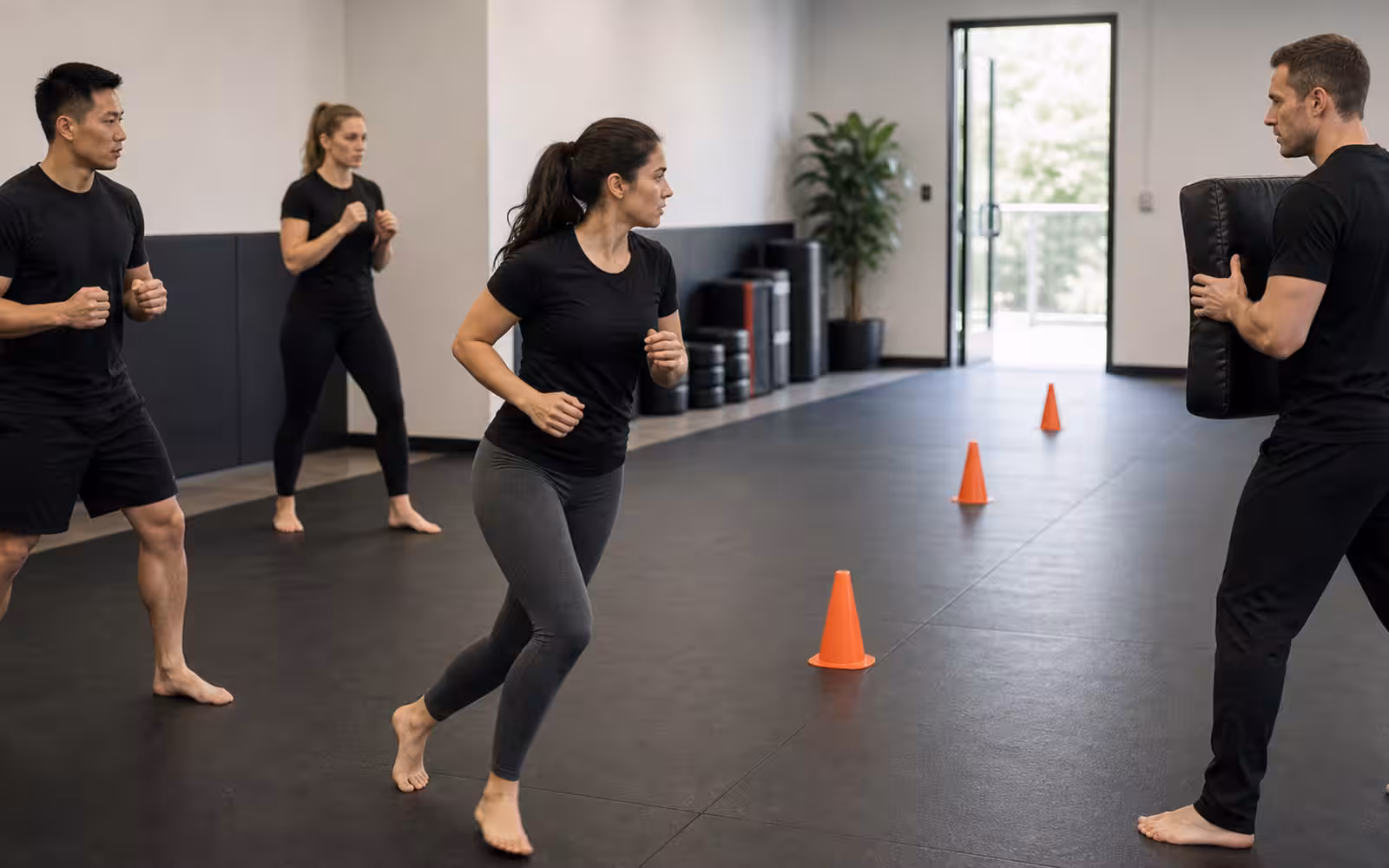 A Krav Maga class practicing angled movement toward a clear exit lane with cones on the floor.